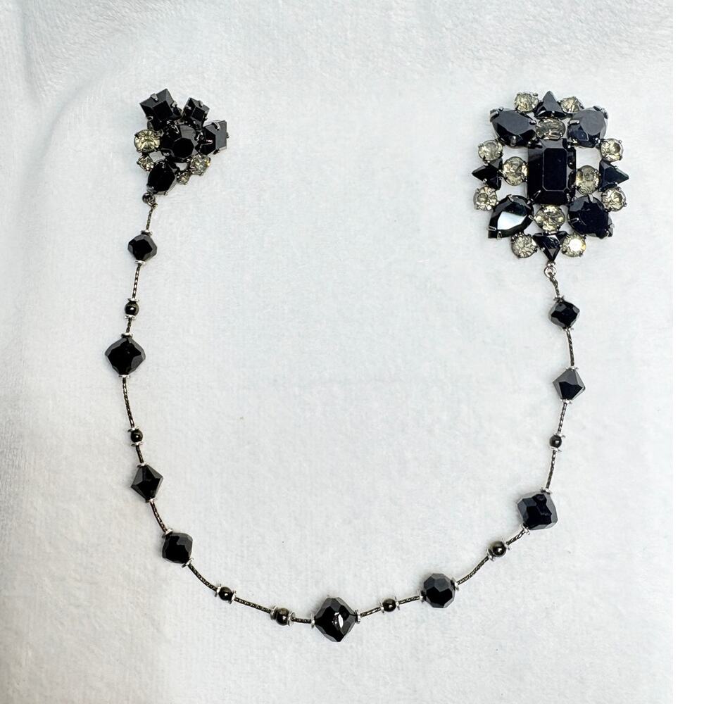 Mid‑Century Black Faceted Glass & Rhinestone Chatelaine Brooch, Japanned Metal